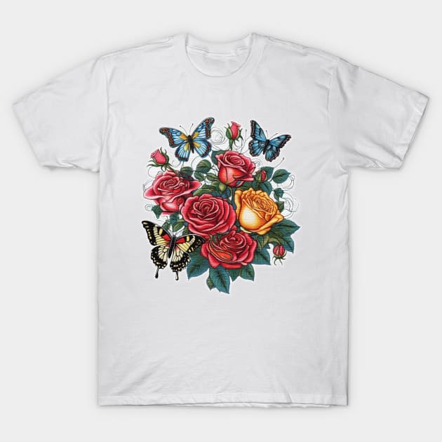 Beautiful Butterflies and Colourful Roses T-Shirt by JnS Merch Store